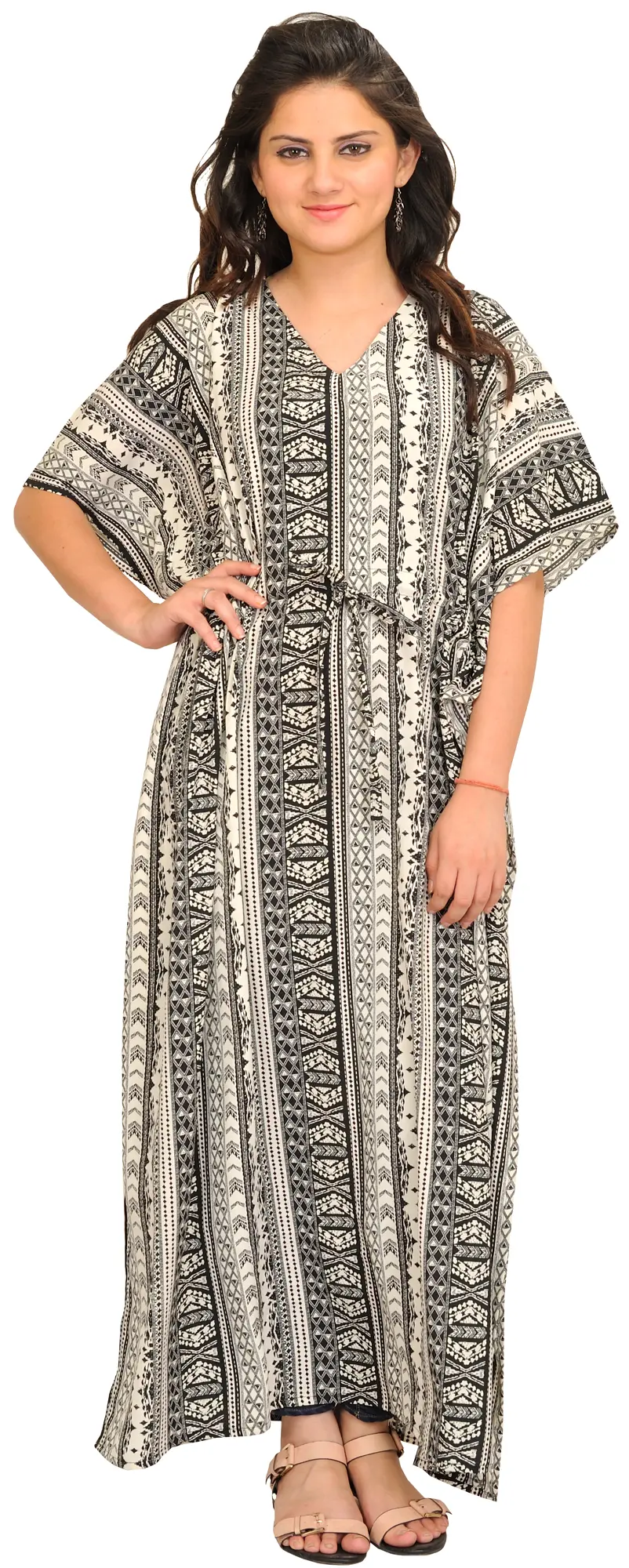 Black and White Printed Kaftan with Waist Sash