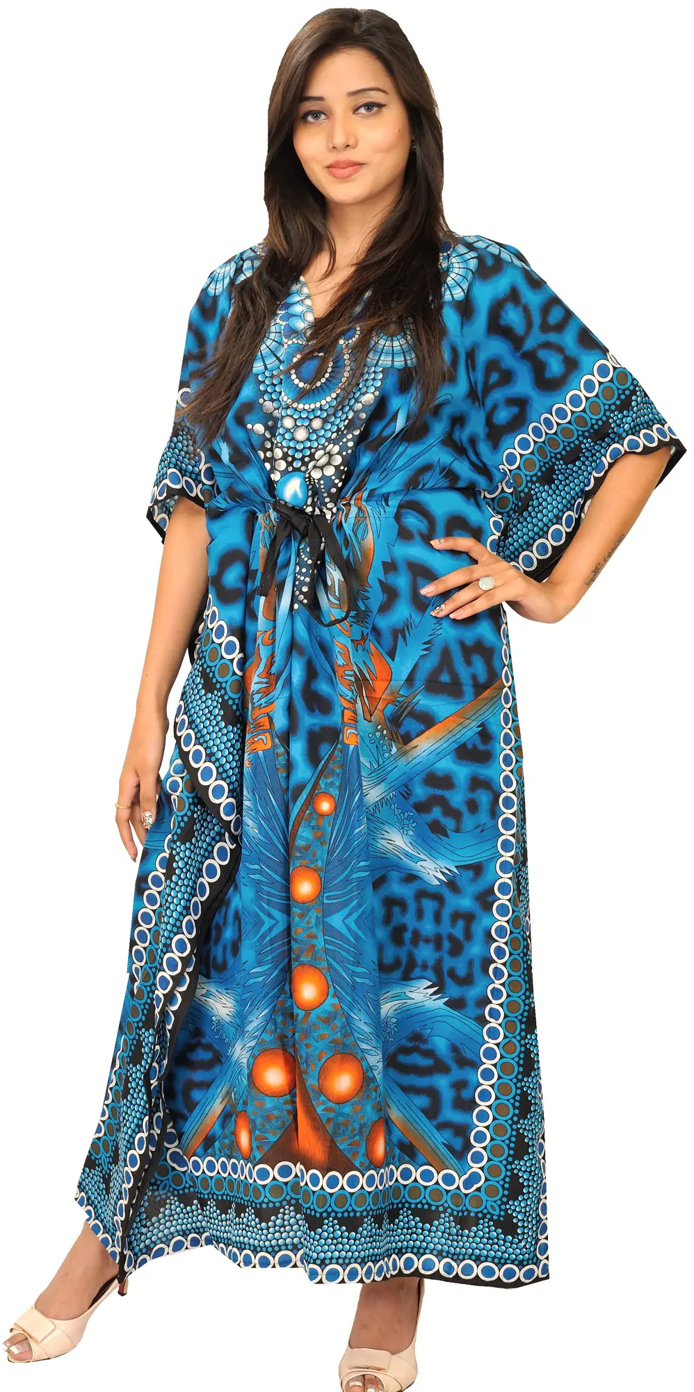 Long Kaftan with Cosmic Print and Dori at Waist