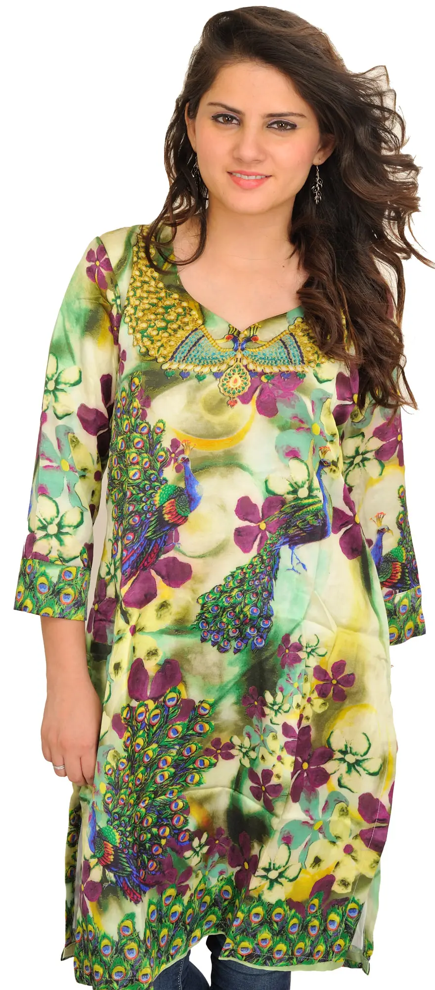 Arcadian-Green Digital Printed Kurti with Peacocks and Flowers