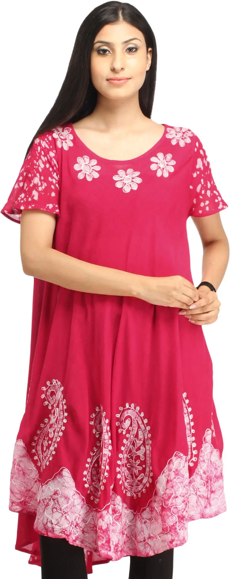 Rose-Red Batik Dyed Dress with Threadwork and Printed Paisleys on Border