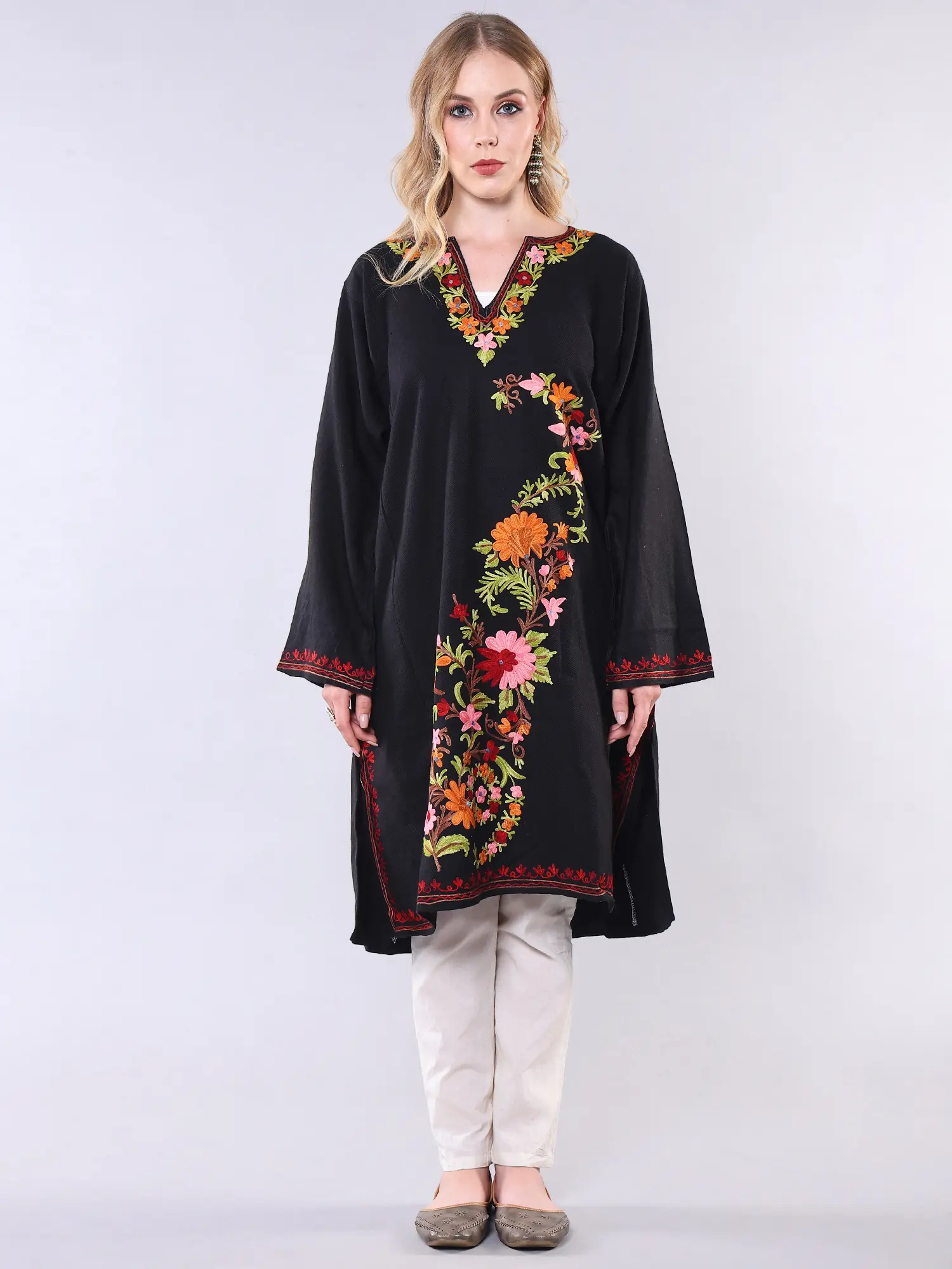 Wool Phiran from Kashmir with Aari Embroidered Flowers