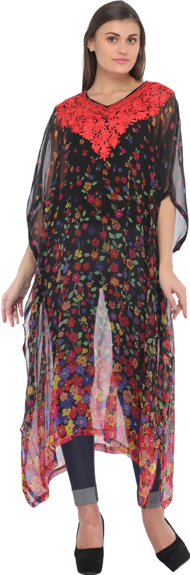 Caviar-Black Digital Floral Printed Kaftan from Kashmir with Aari-Embroidery on Neck