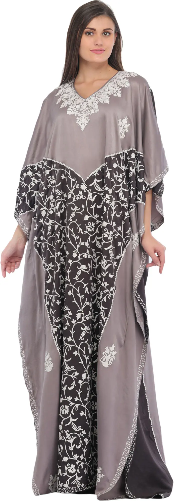 Opal-Gray and Shale Aari-Embroidered Kaftan from Kashmir