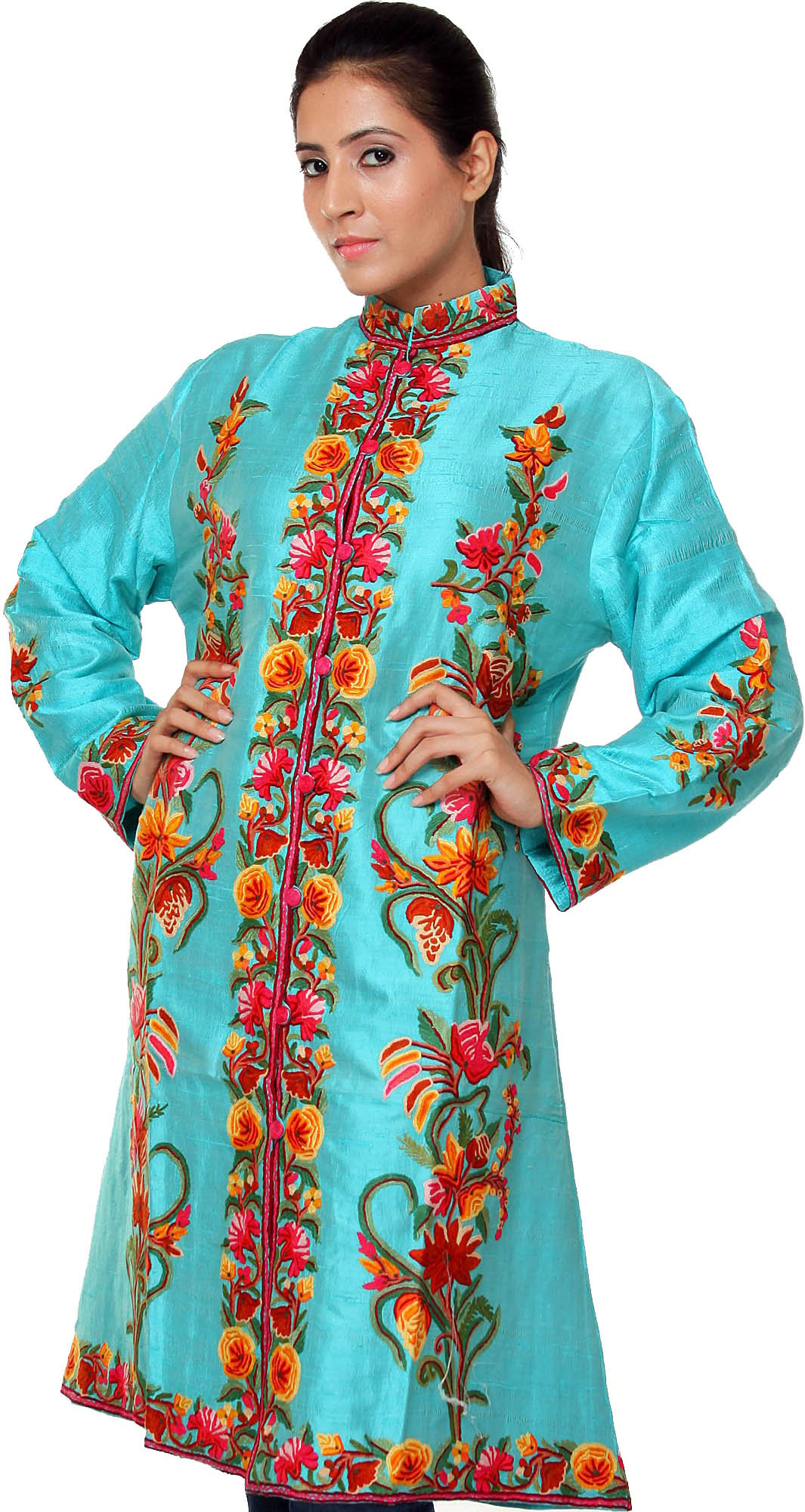 Aruba-Blue Long Jacket with Hand-Embroidered Flowers | Exotic India Art
