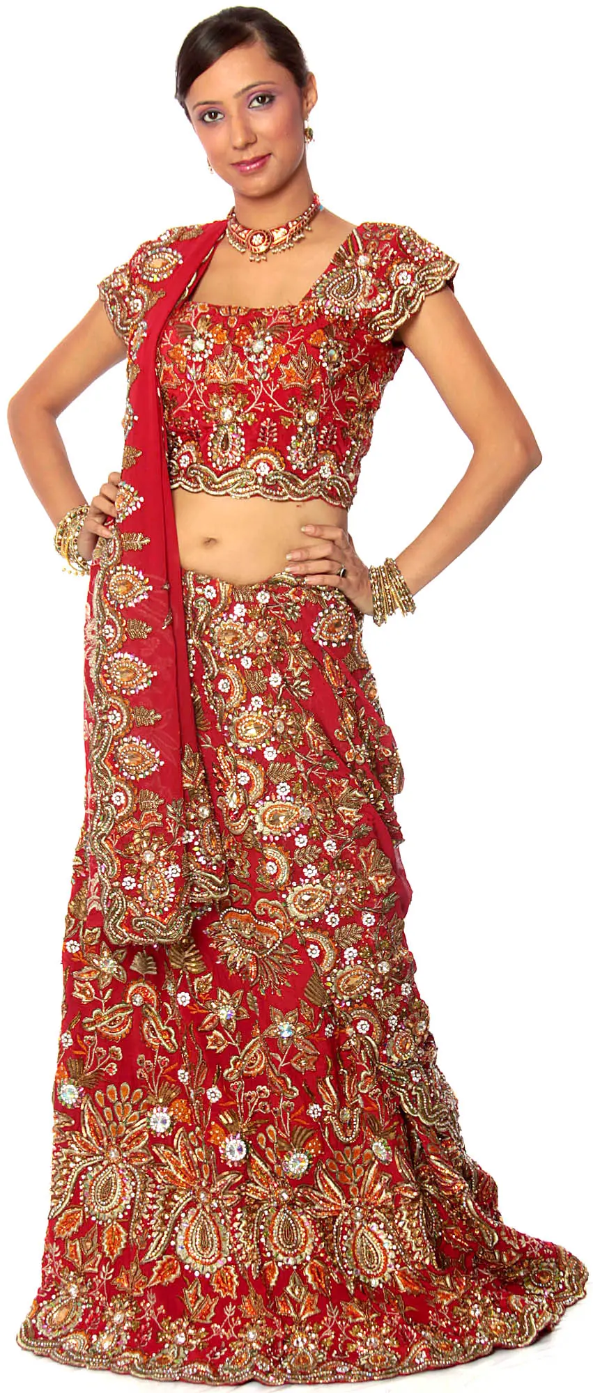 Three-Piece Bridal Red Lehenga With Dense Zardozi All Over