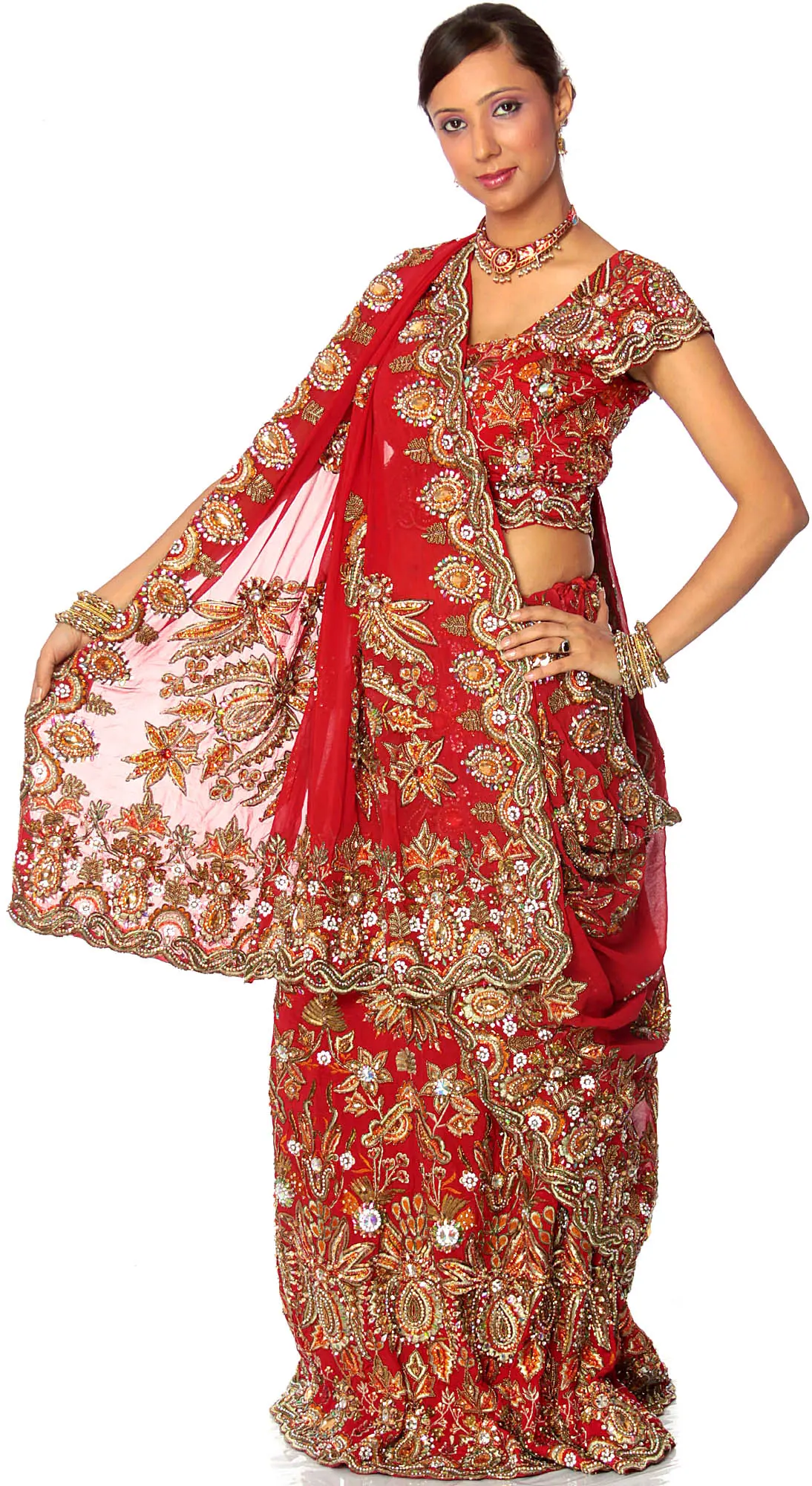 Three-Piece Bridal Red Lehenga With Dense Zardozi All Over, alternate view