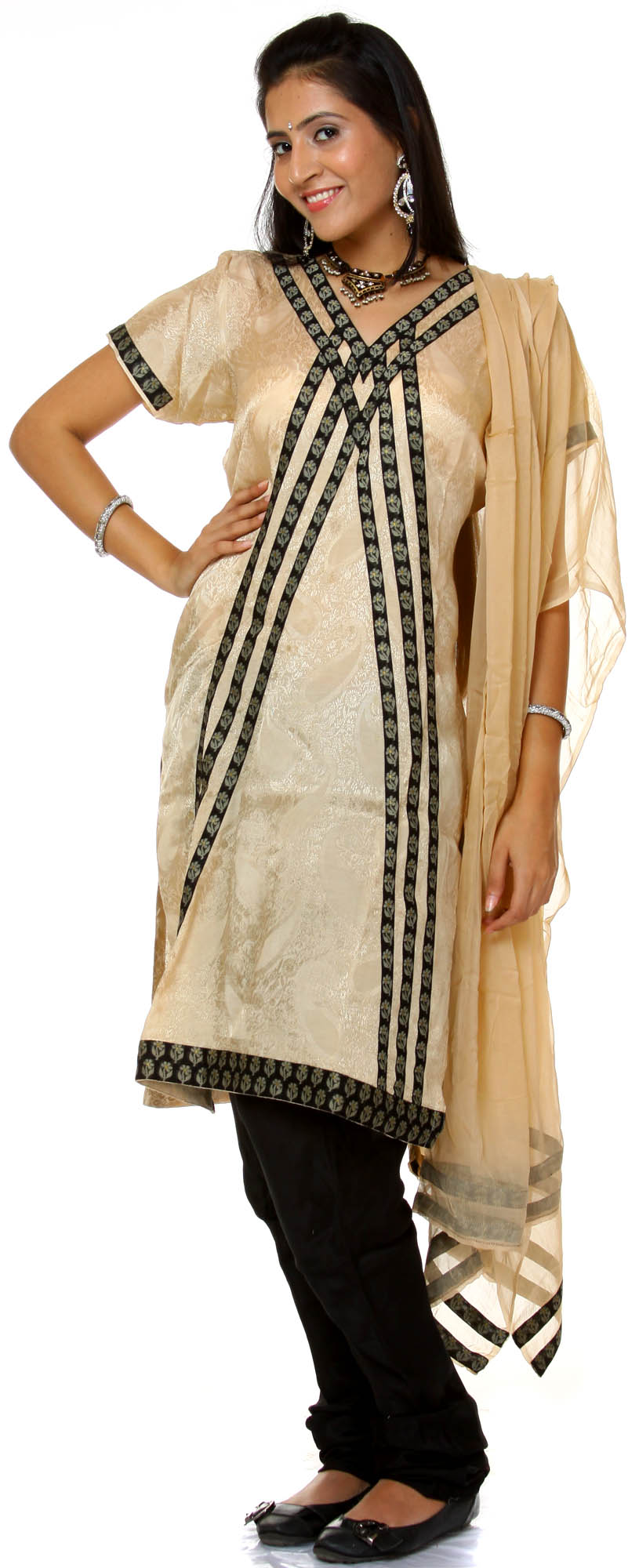 Beige and Black Churidar Salwar Suit with Self Weave | Exotic India Art