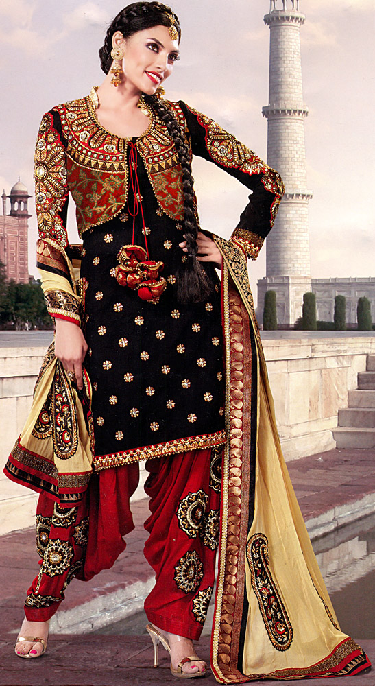 Black And Red Patiala Salwar Suit With Embroidered Beads And Bolero Jacket Exotic India Art