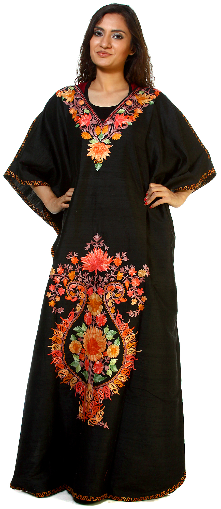 Black Kashmiri Kaftan with Crewel Embroidered Flowers Exotic India Art