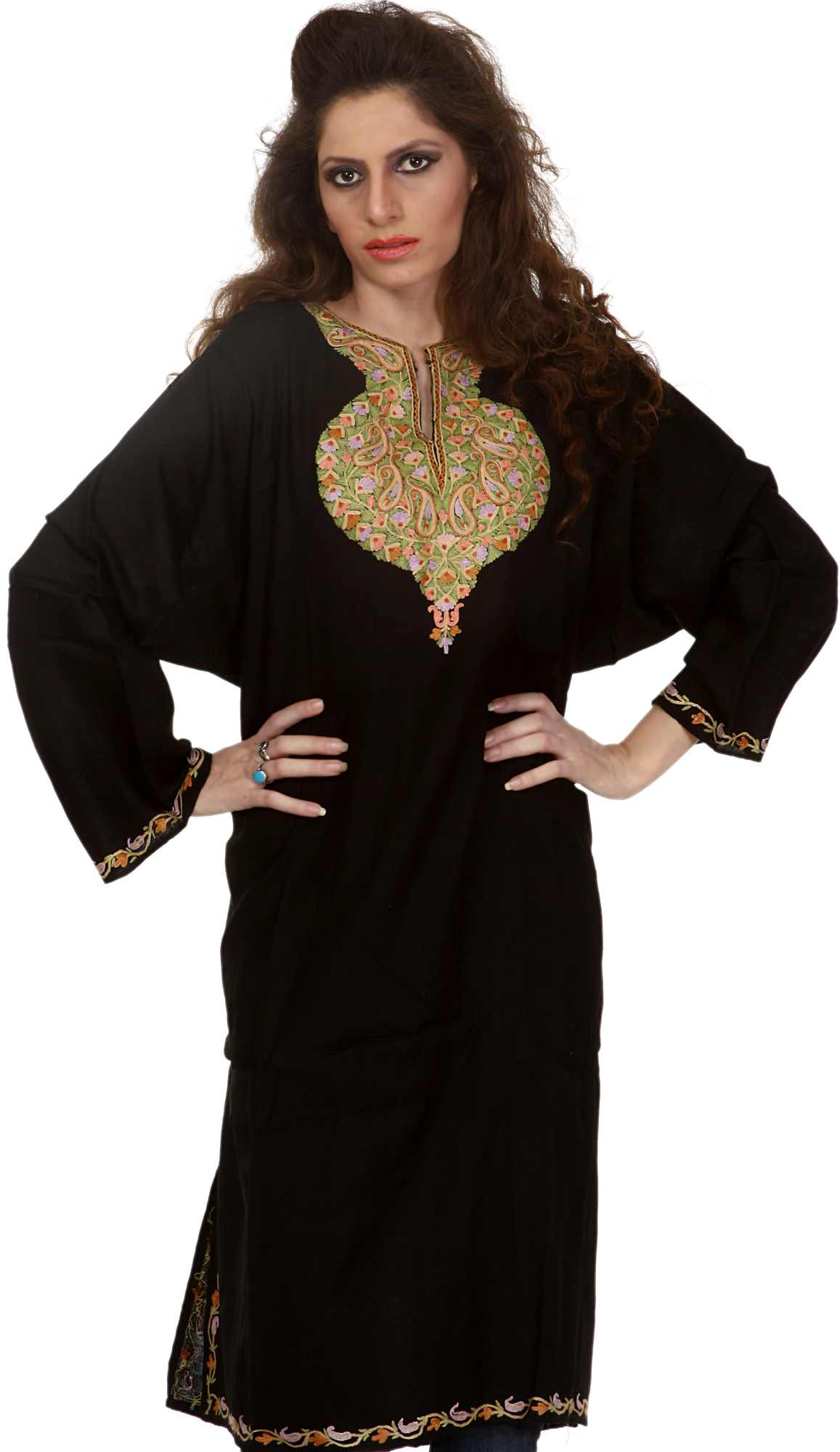 Black Kashmiri Phiran with Hand-Embroidery on Neck | Exotic India Art