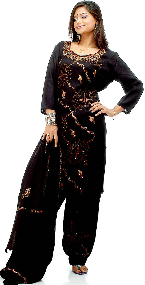 Black Kashmiri Salwar Suit with Needle Embroidery by Hand | Exotic ...