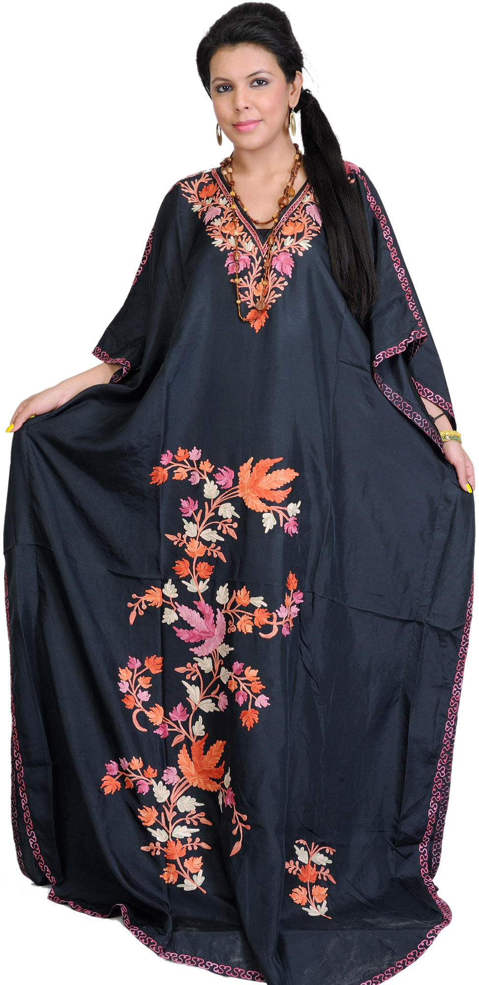 Black VNeck Kashmiri Kaftan with Ari Embroidered Flowers