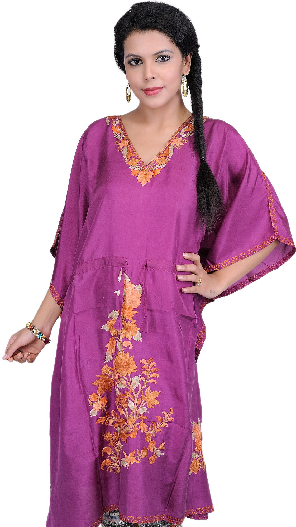 Bright-Purple Kashmiri Short Kaftan with Ari Embroidered Flowers and ...