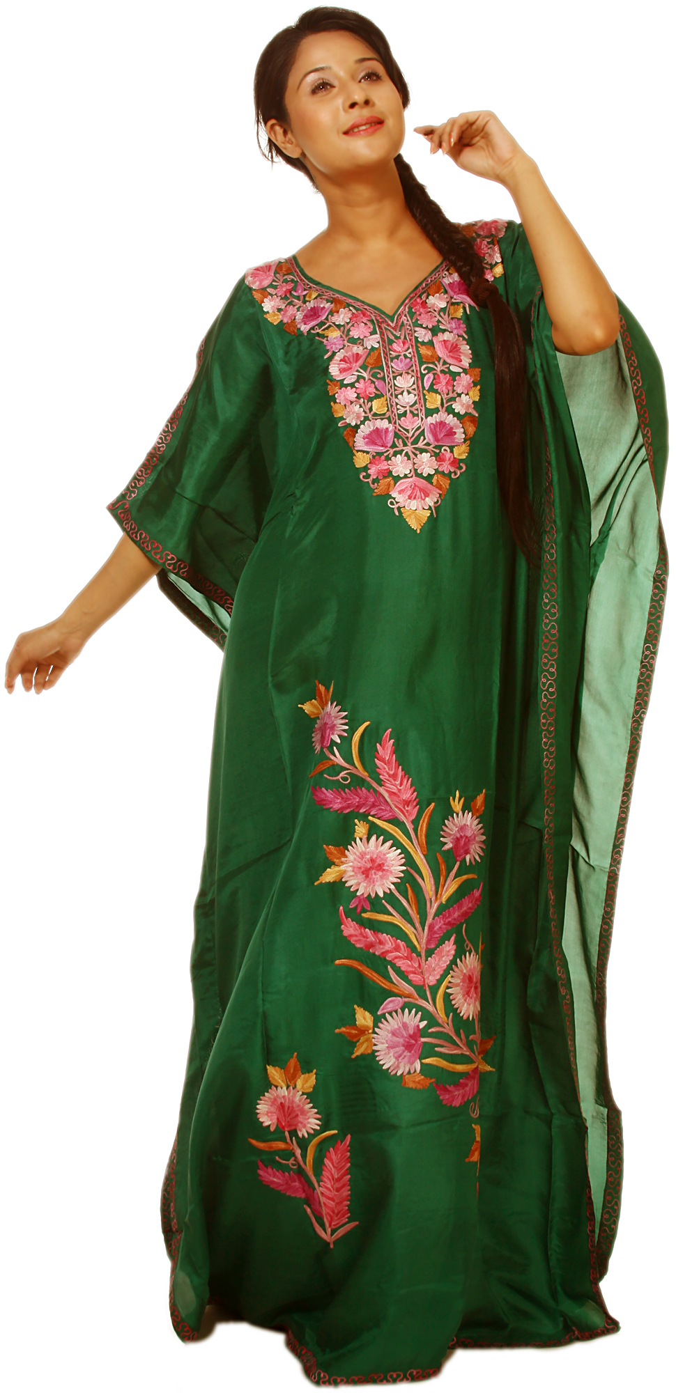 CadmiumGreen Kashmiri Kaftan with Crewel Embroidered Flowers Exotic India Art