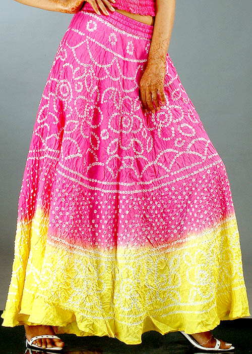 Fuchsia and Yellow Bandhani Skirt | Exotic India Art