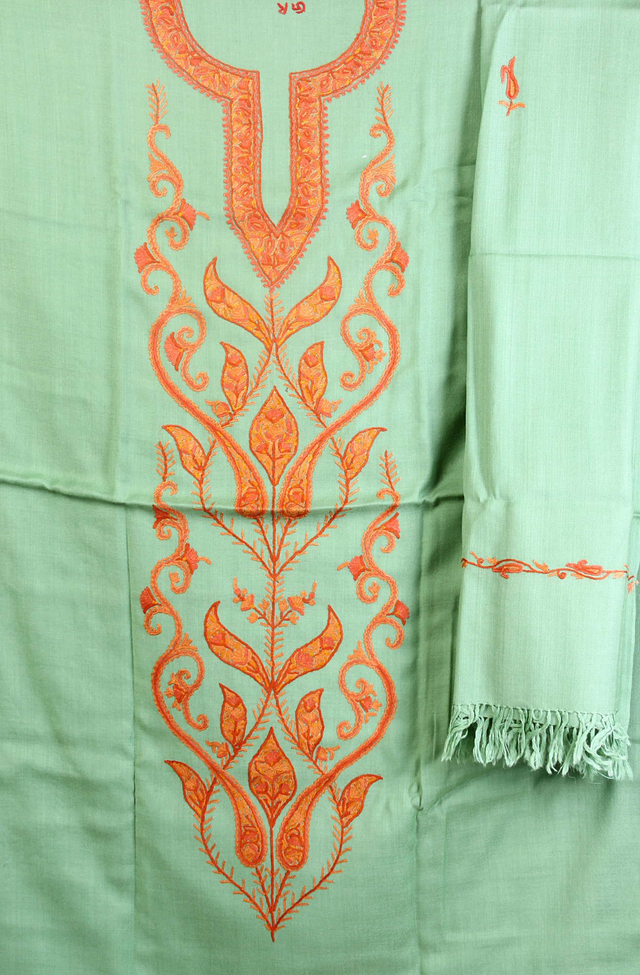 GrassGreen Salwar Kameez Fabric from Kashmir with Ari Embroidery by Hand