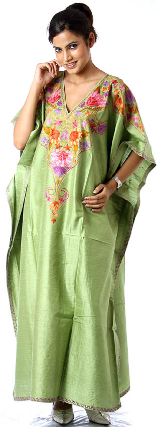 Green Kaftan from Kashmir with Aari-Embroidered Flowers on Front ...