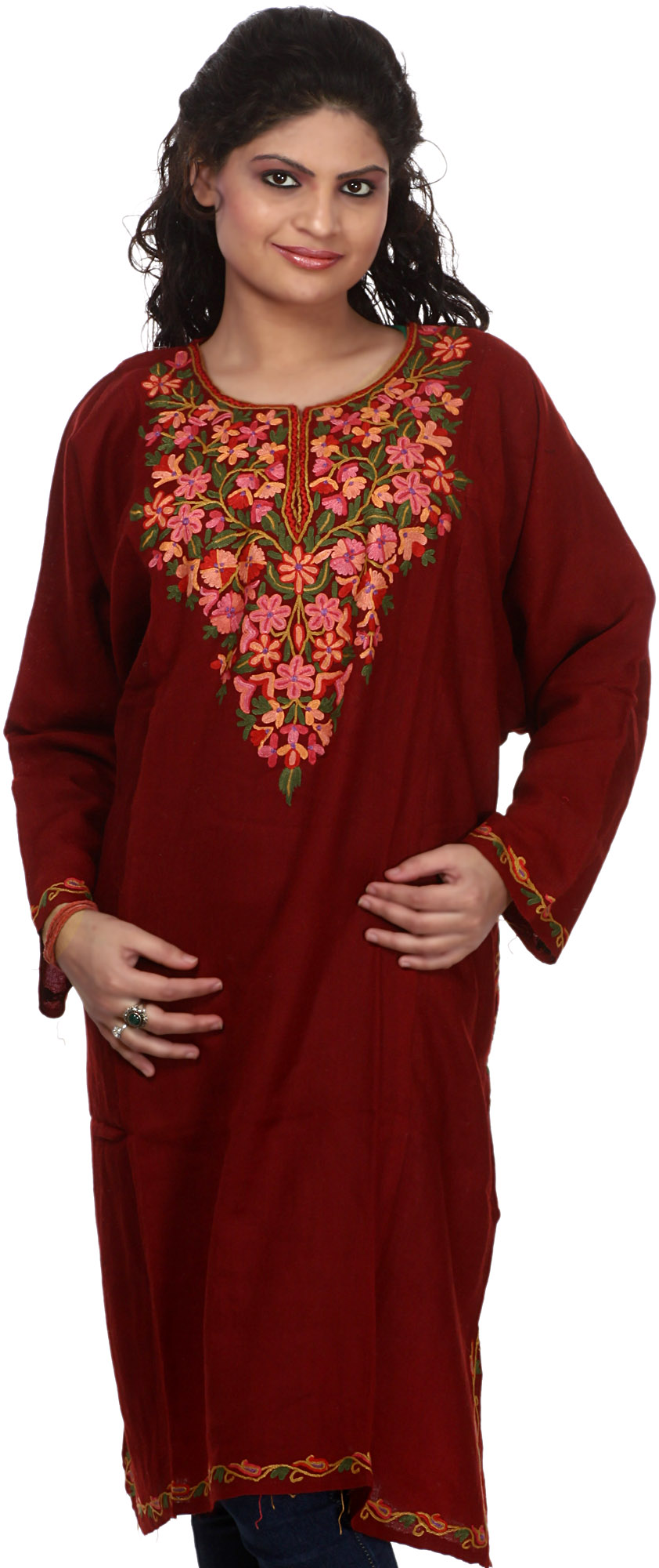 Maroon Kashmiri Phiran with Aari Embroidered Flowers by Hand | Exotic ...