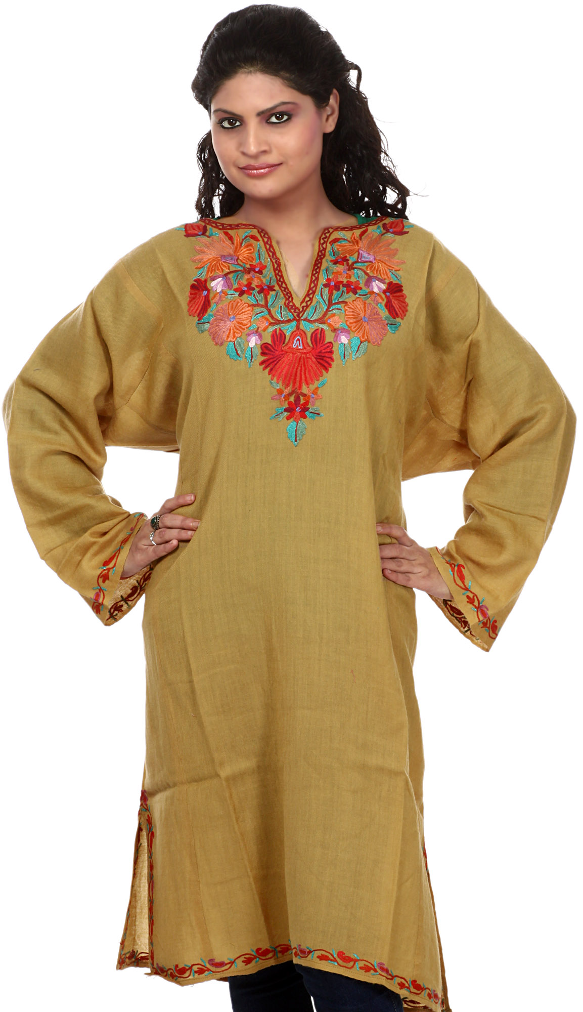 Olive Kashmiri Phiran with Large Aari Embroidered Flowers by Hand ...