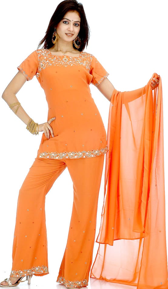 Buy Exotic India Orange and Red Parallel Salwar Suit with Embroidered Beads  - Orange at Amazon.in