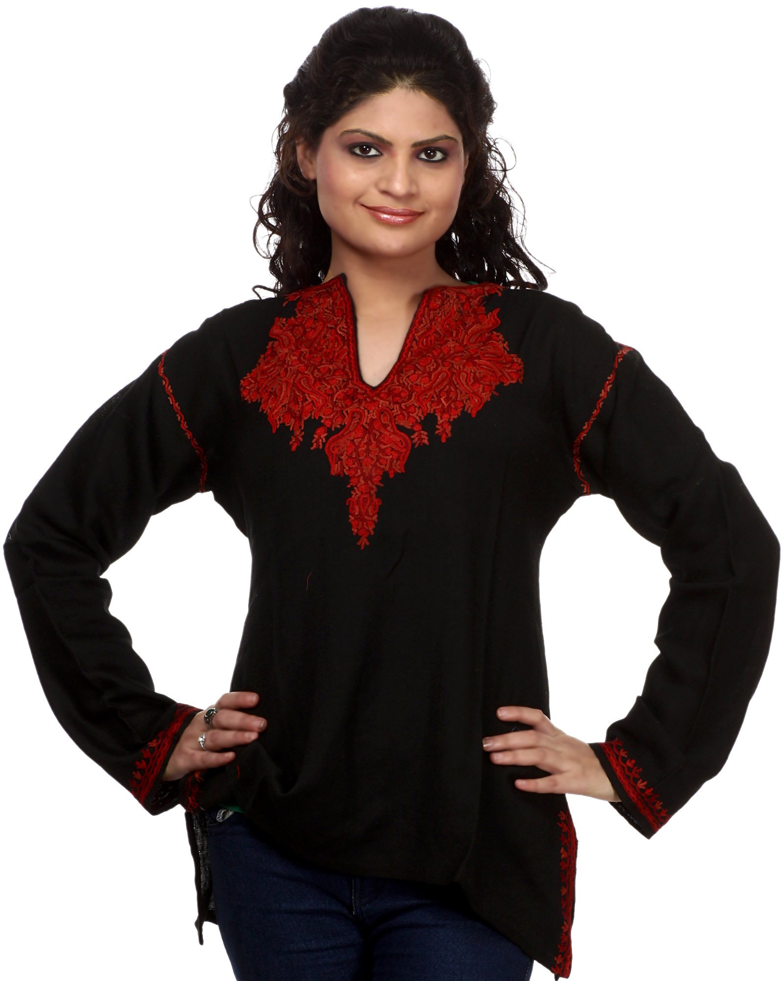 Plain Black Kurti From Kashmir with Hand Embroidered Paisleys in Red ...