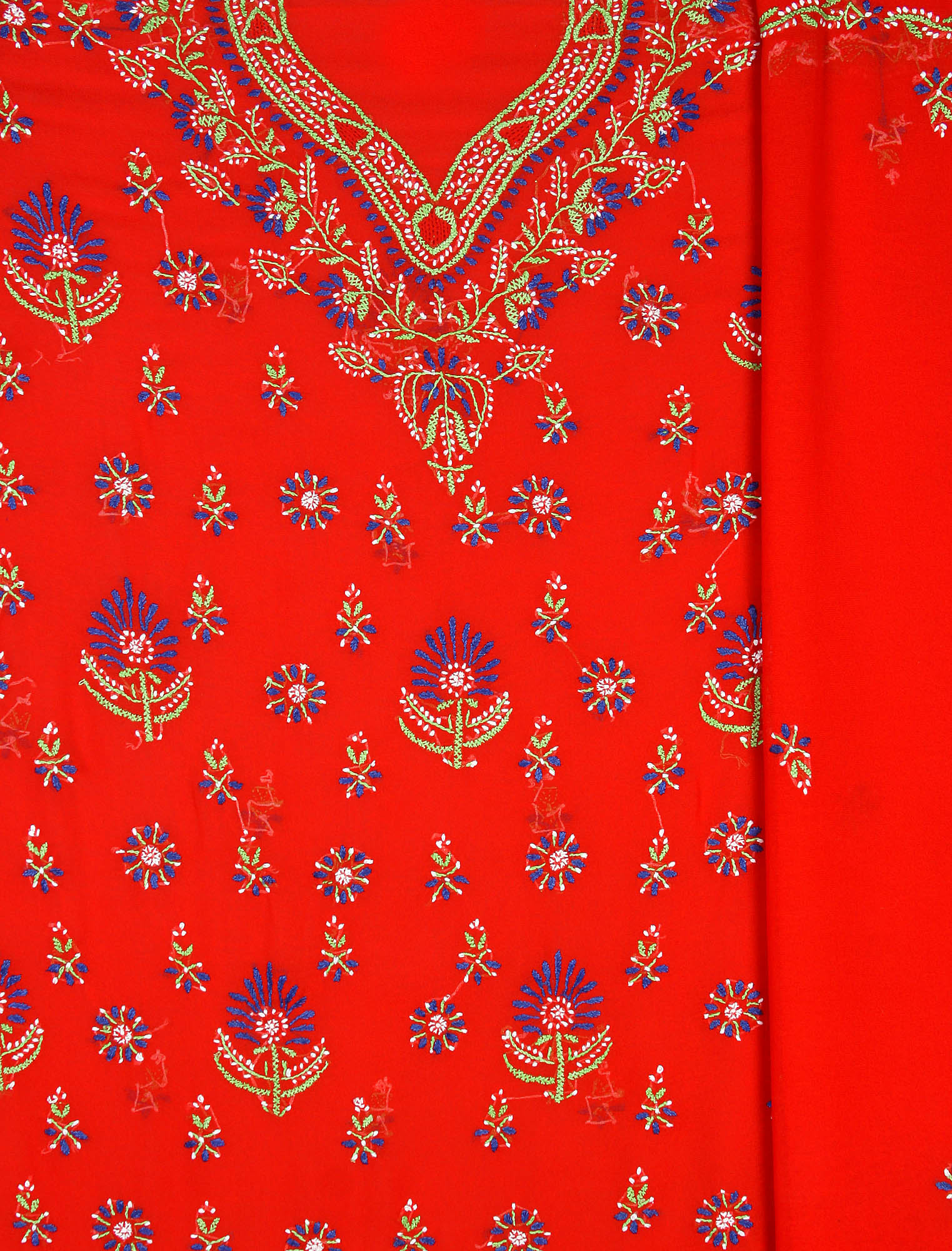 Red Chikan Hand-Embroidered Salwar Kameez Fabric from Lucknow | Exotic ...