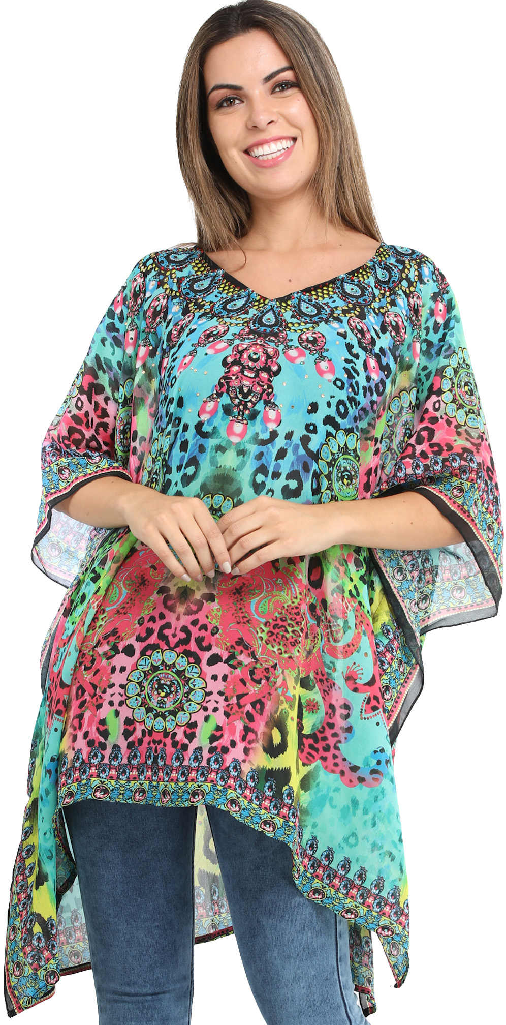 Multicolored Digital-Printed Short Kaftan with Stones and Crystals ...