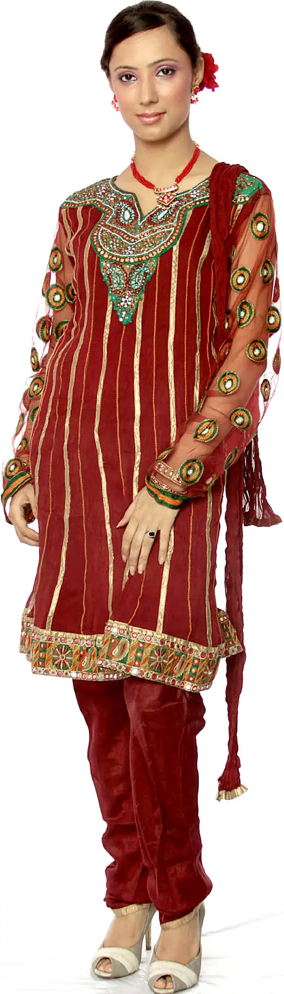 Maroon Churidar Designer Suit with Meenakari Embroidery and Mirrors