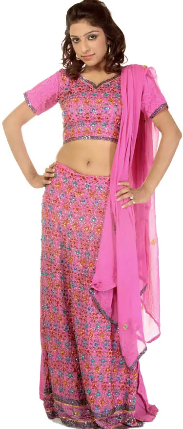 Respberry-Rose Wedding Lehenga Choli with Beadwork by Hand All-Over