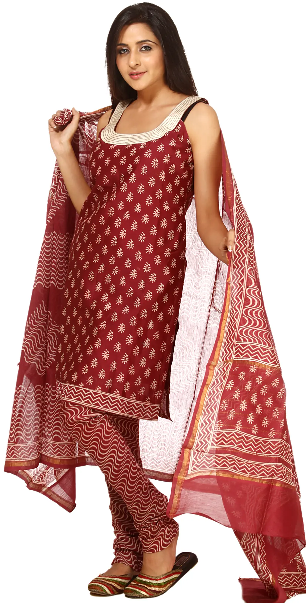 Cordovan Block-Printed Chanderi Churidar Salwar Kameez Suit