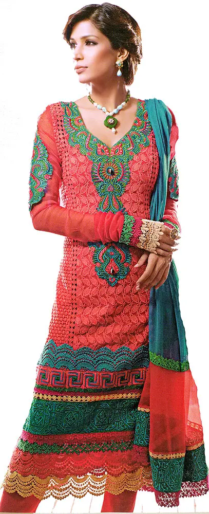 Hot Coral Chudidar Kameez Suit with Self-Colored Embroidery and Crochet Border