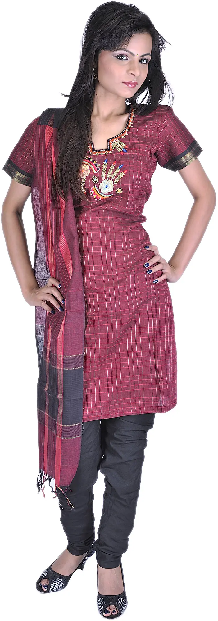 Garnet-red Churidar Kameez Suit from Gujarat with Applique Flowers and Threadwork