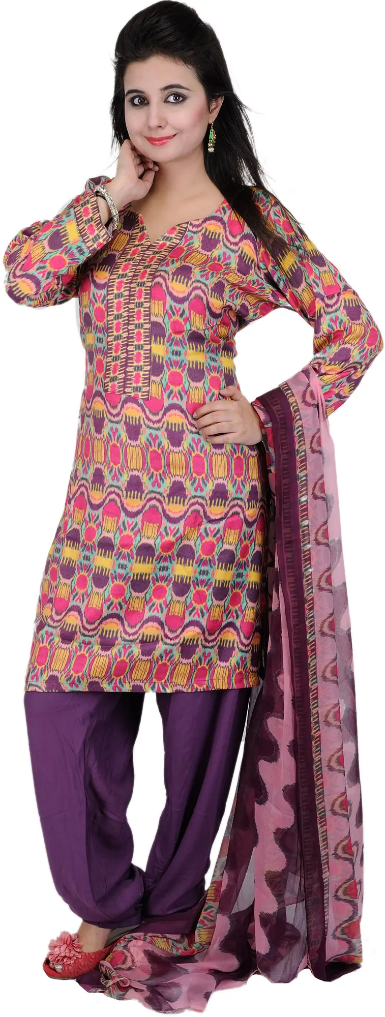 Multi-Color Churidar Kameez Suit with Digital Ikat Print
