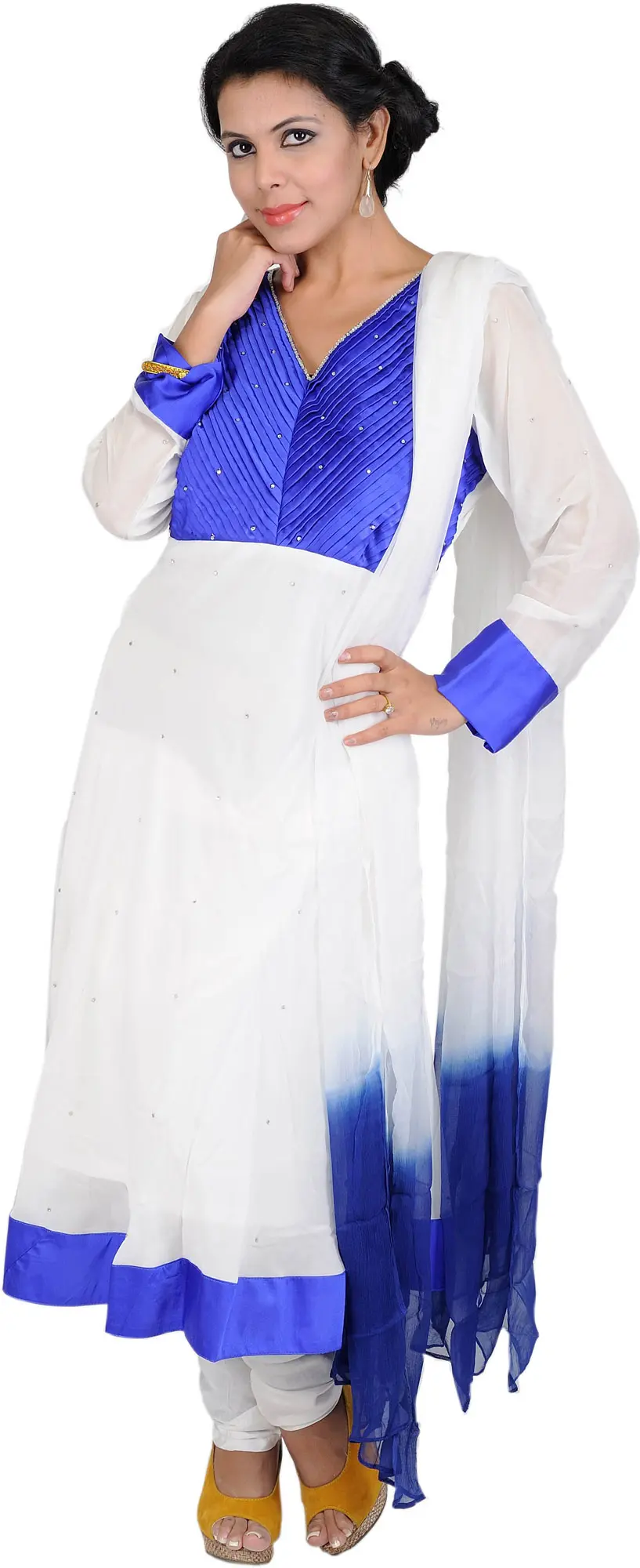 Chic-White and Blue Churidar Kameez Suit with Beadwork