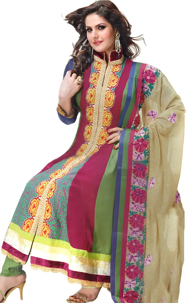 Fuchsia and Green Anarkali Chudidar Kameez Suit with Embroidered Flowers