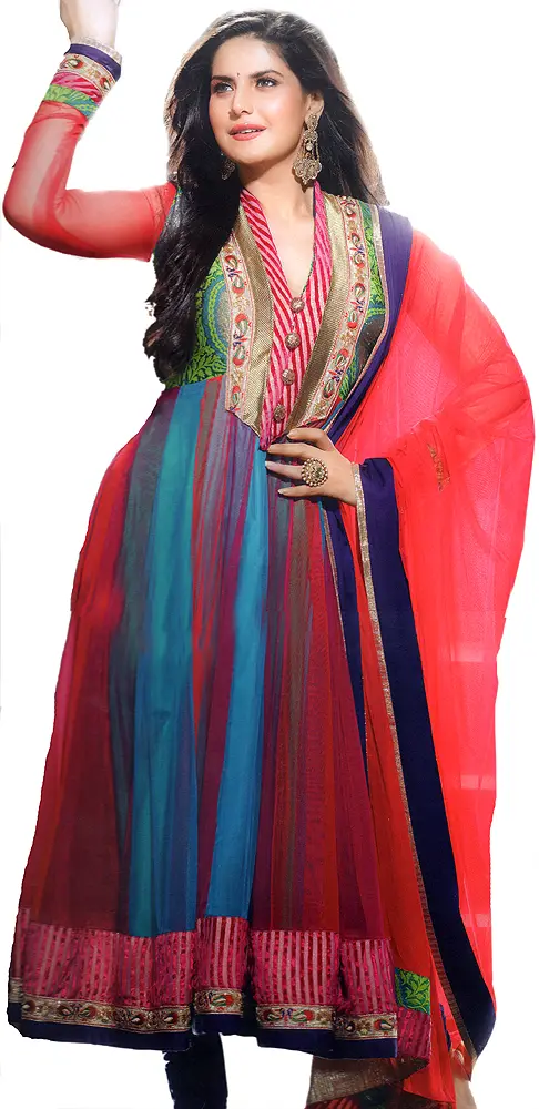 River-Blue and Red Anarkali Churidar Kameez Suit with Velvet Patch Border