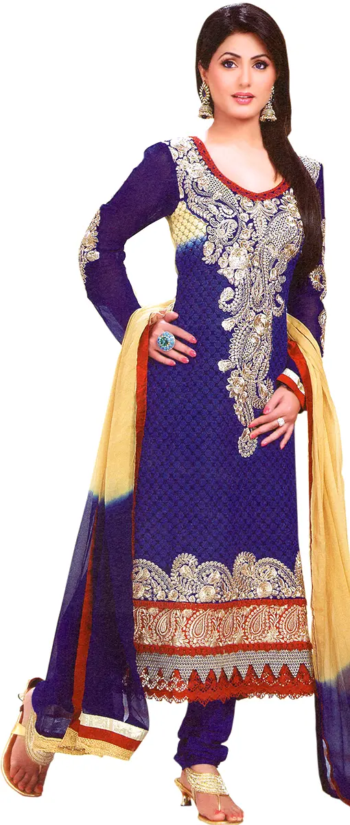 Twilight-Blue Chudidar Kameez Suit with Floral Booties and Giant Paisley Patch