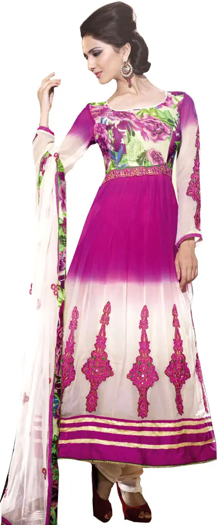 Cloud-Cream and Pink Anarkali Suit with Embroidered Patches and Floral Print