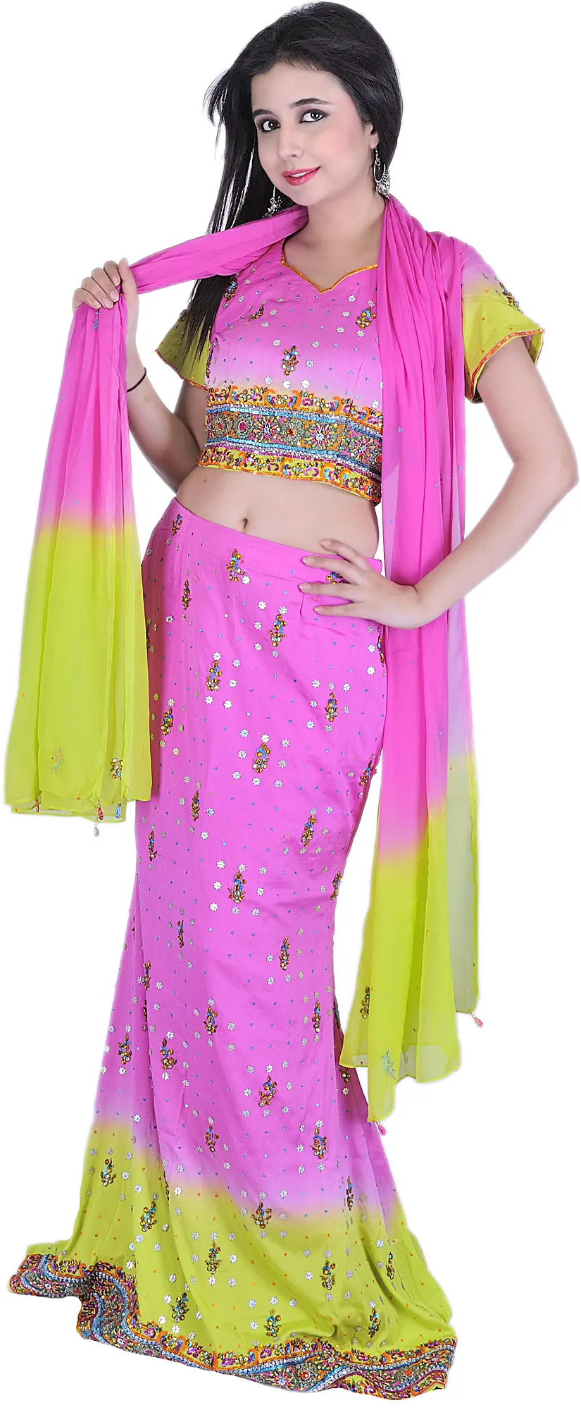 Pink and Green Bridal Lehenga Choli with Beadwork and Sequins