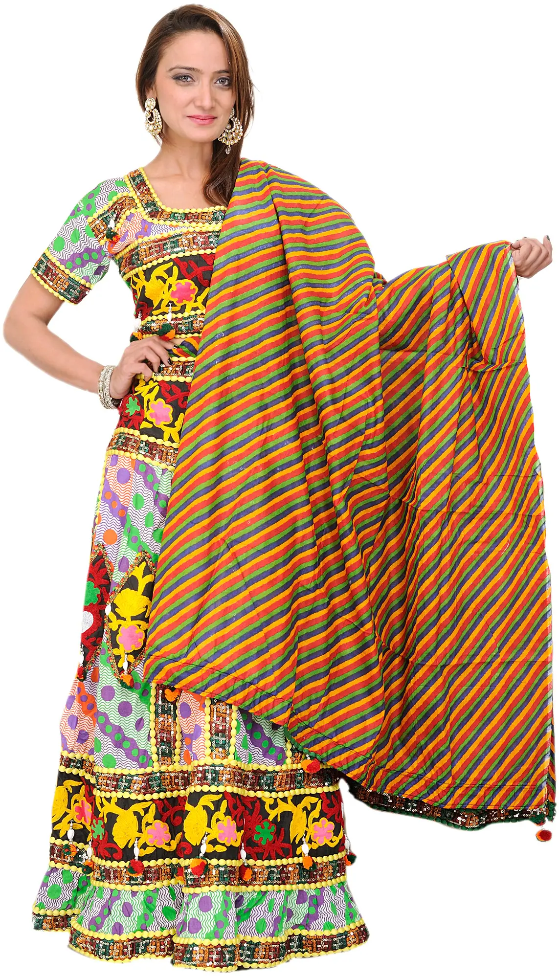 Multi-Colored Lehenga Choli from Rajasthan with Embroidered Flowers and Dori