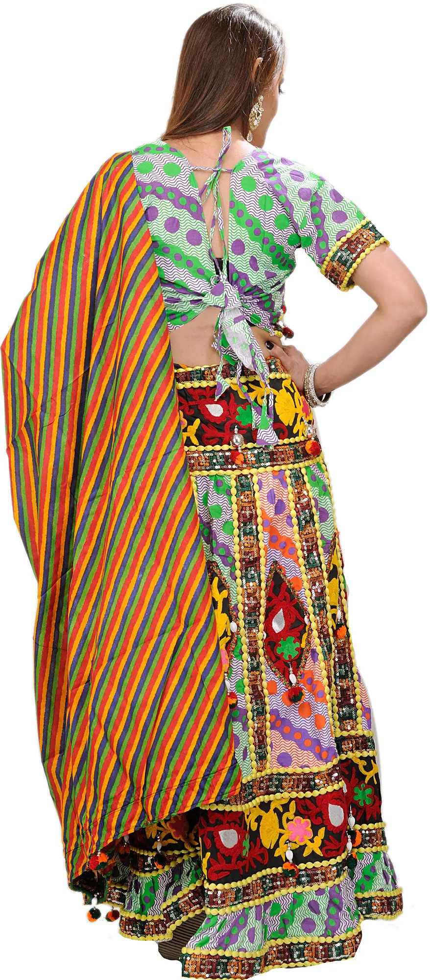 Multi-Colored Lehenga Choli from Rajasthan with Embroidered Flowers and Dori, alternate view