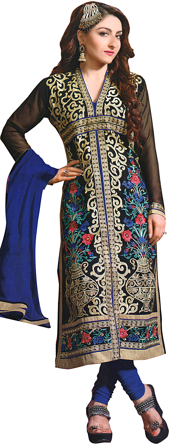 CaviarBlack and Blue Long Choodidaar Kameez Suit with Embroidered