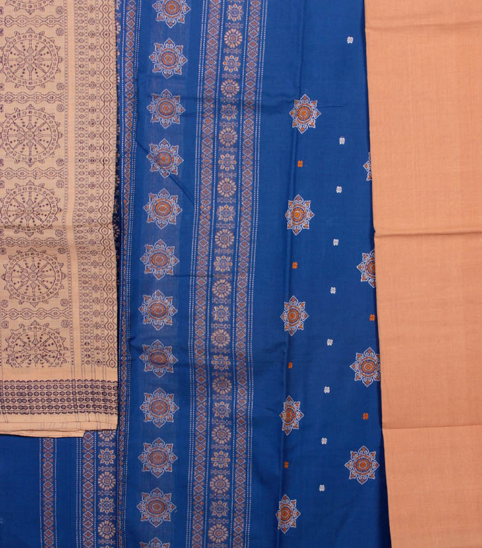 Blue and Beige Bomkai Salwar Suit Fabric from Orissa with Chakras Woven ...