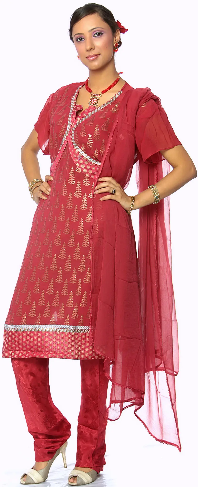 Cerise Designer Suit with All-Over Embroidered Sequins