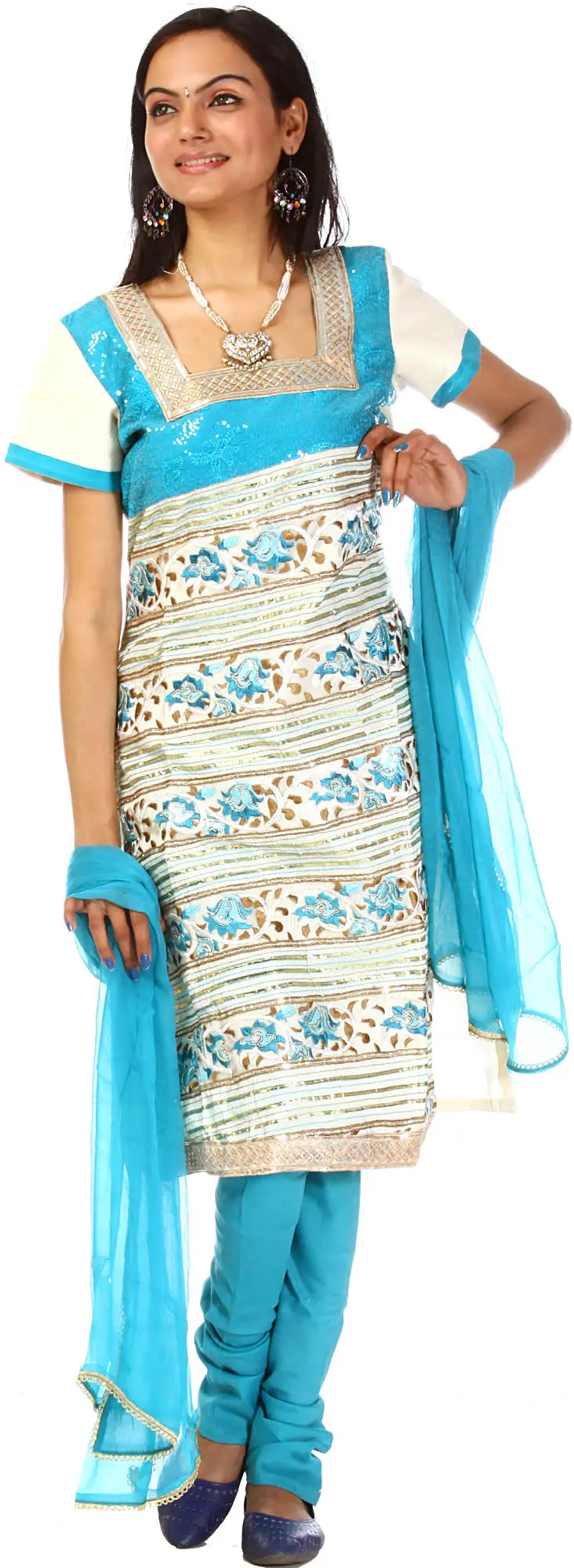 Turquoise and Ivory Gota Salwar Suit with All-Over Embroidery and Sequins
