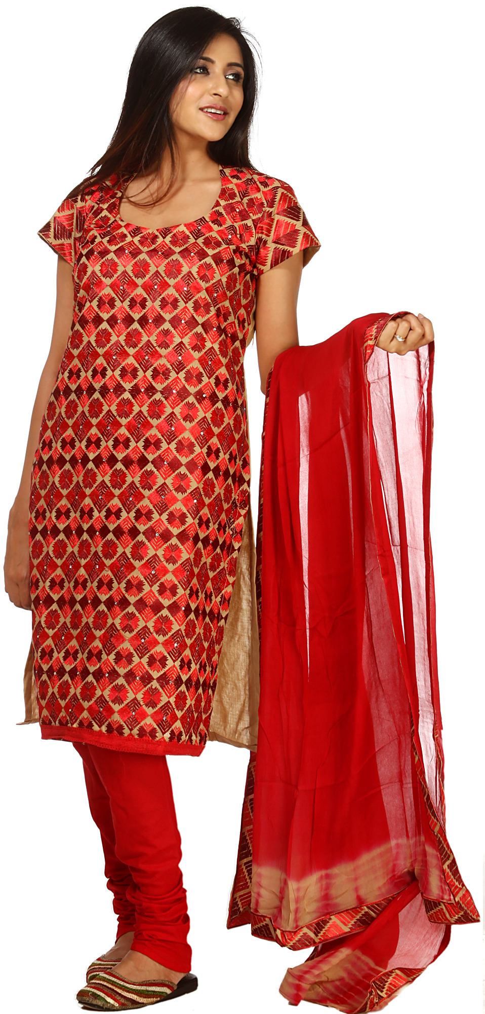 Khaki And Red Phulkari Suit From Punjab Exotic India Art