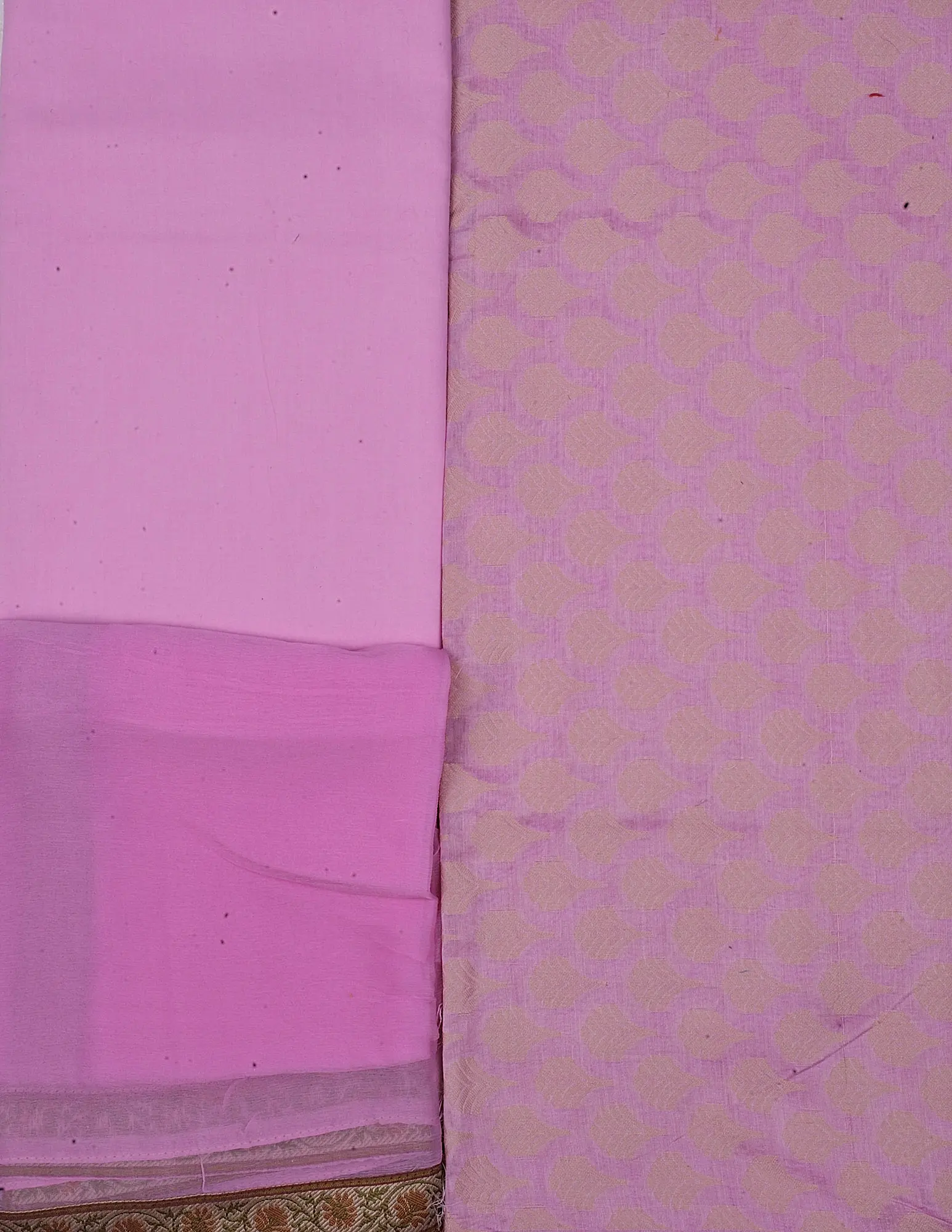 Prism-Pink Salwar Kameez Fabric with Woven Bootis in Self and Floral Patch Border