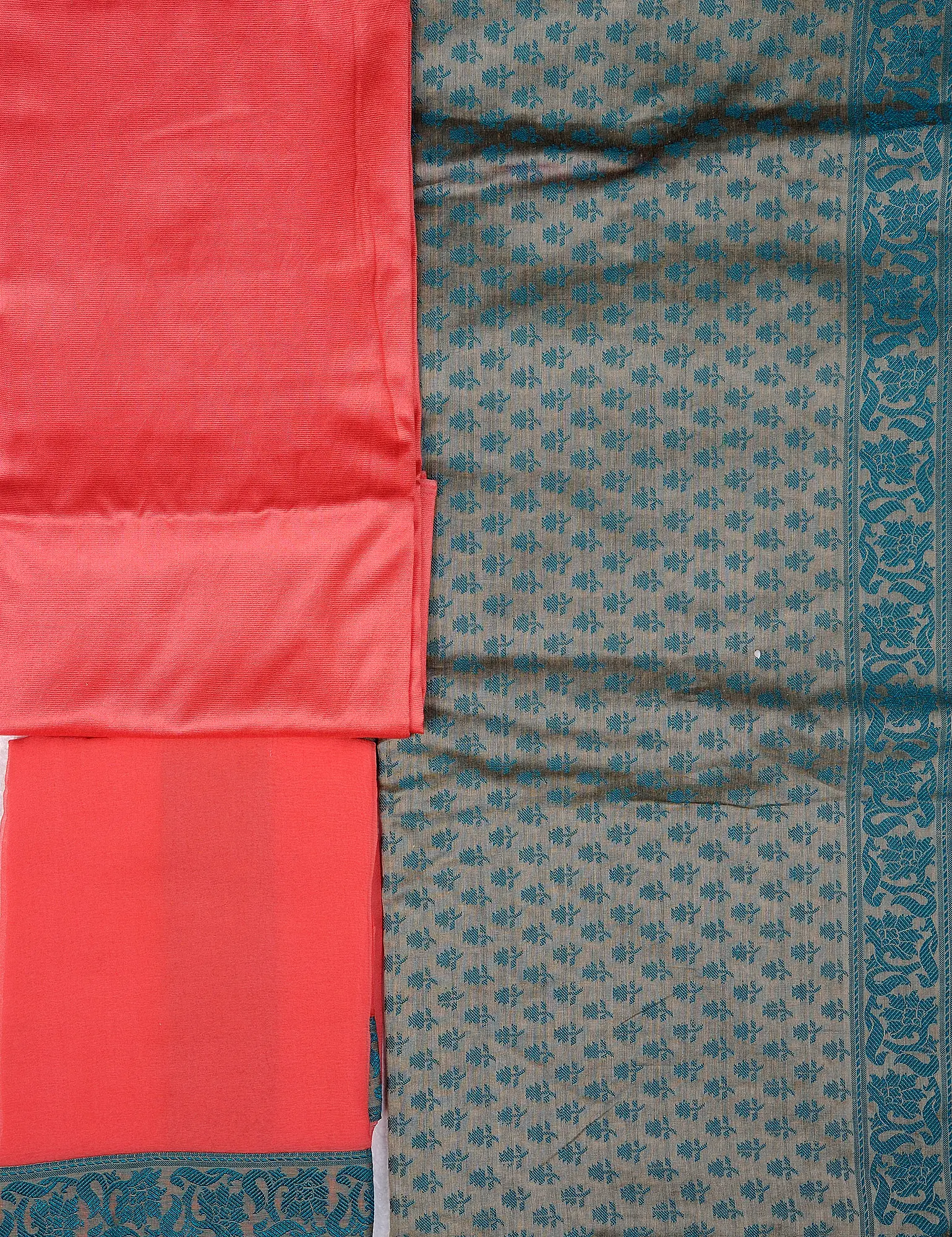 Iceberg-Green and Pink Banarasi Salwar Kameez Fabric with All-Over Woven Flowers