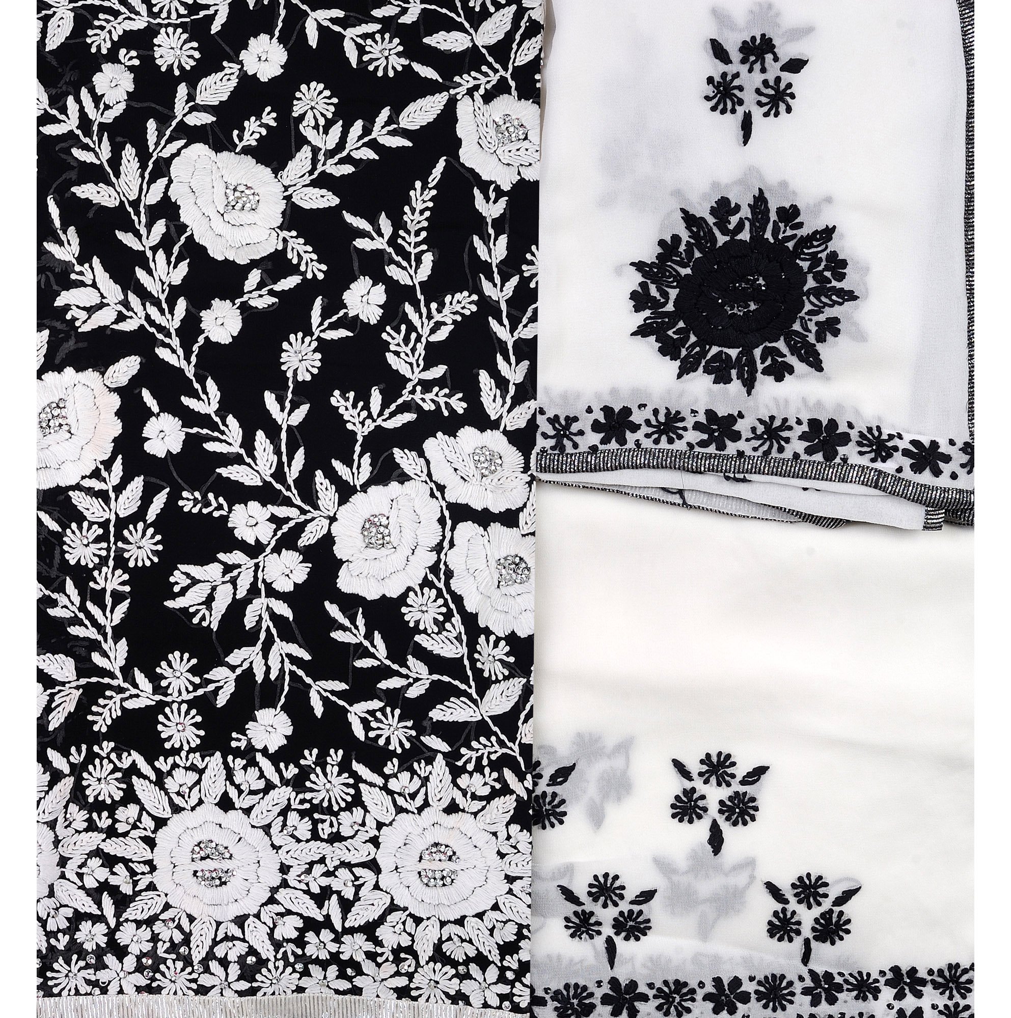 Black and White Salwar Kameez with Phulkari Embroidery and Sequins ...
