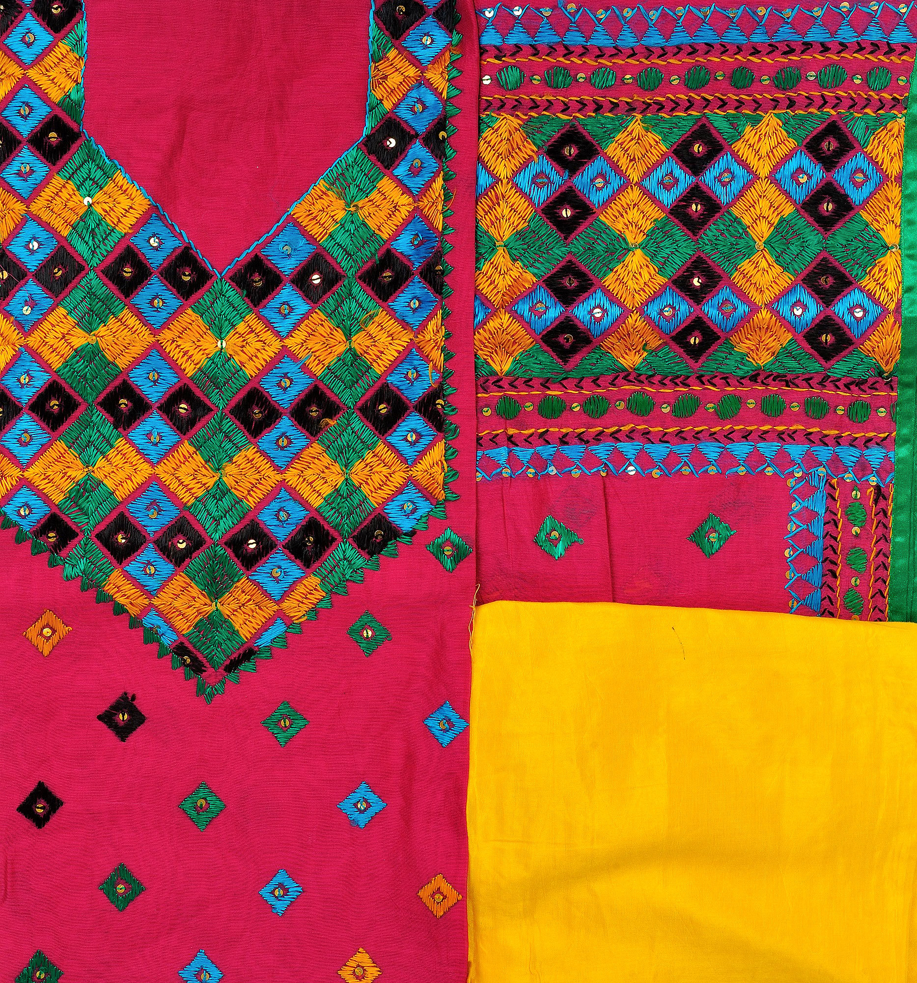 Crepe Unstitch Phulkari Salwar Suit Material Floral Print, Striped With  Dupatta